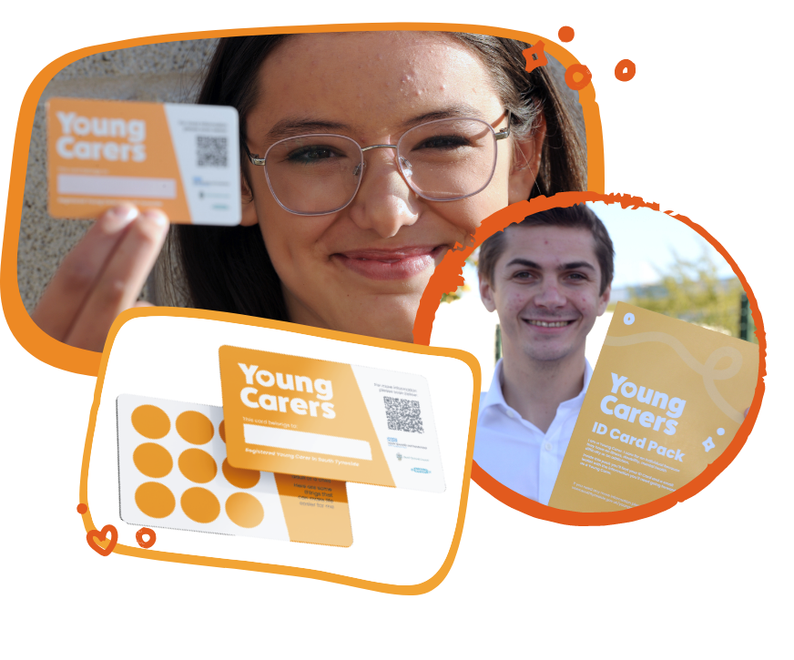 Images of young people holding the Young Carers ID card and information pack